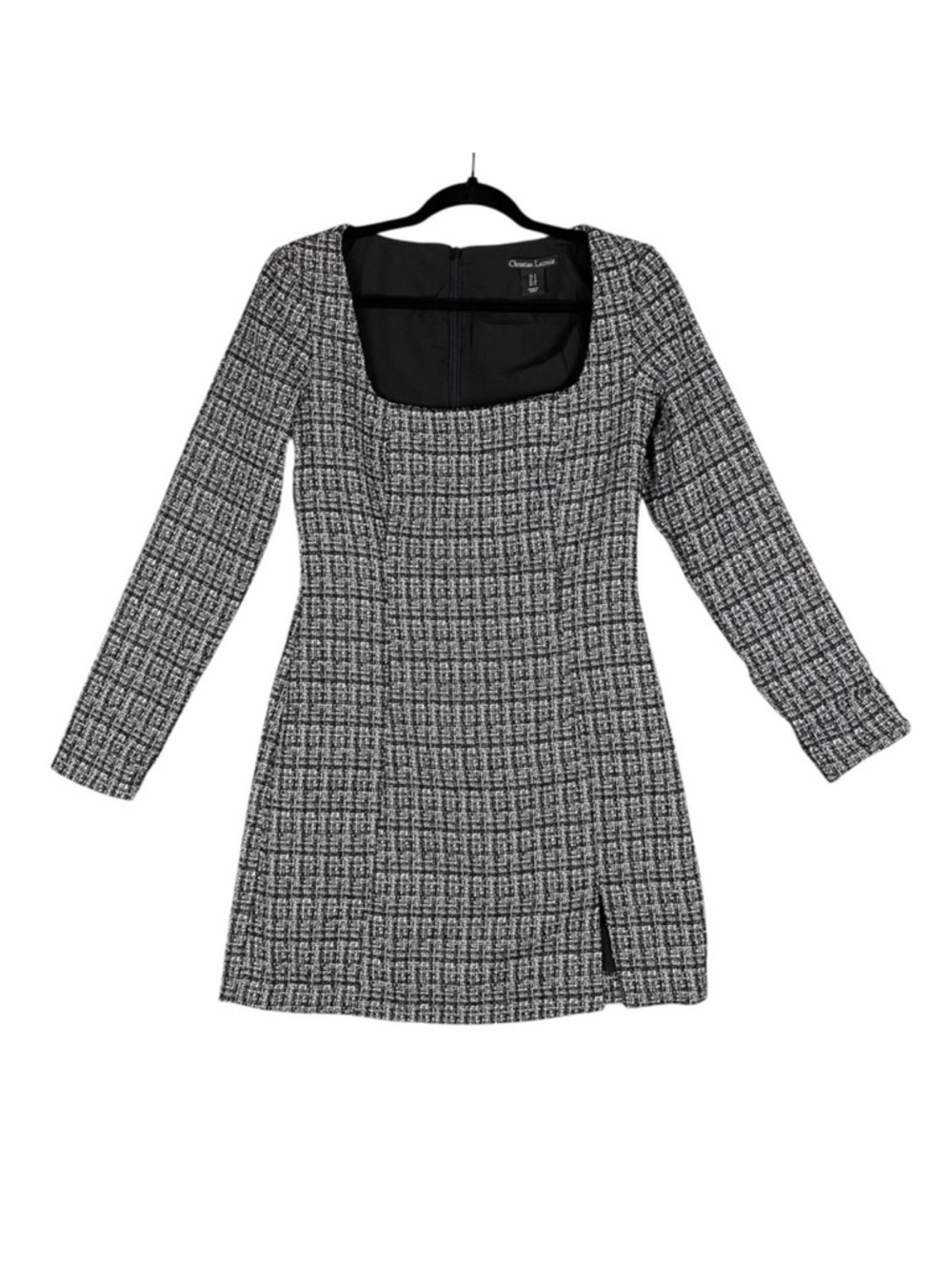 Christian Lacroix Boucle Tweed Mini Dress Long Sleeve Square Neck Black White 6
